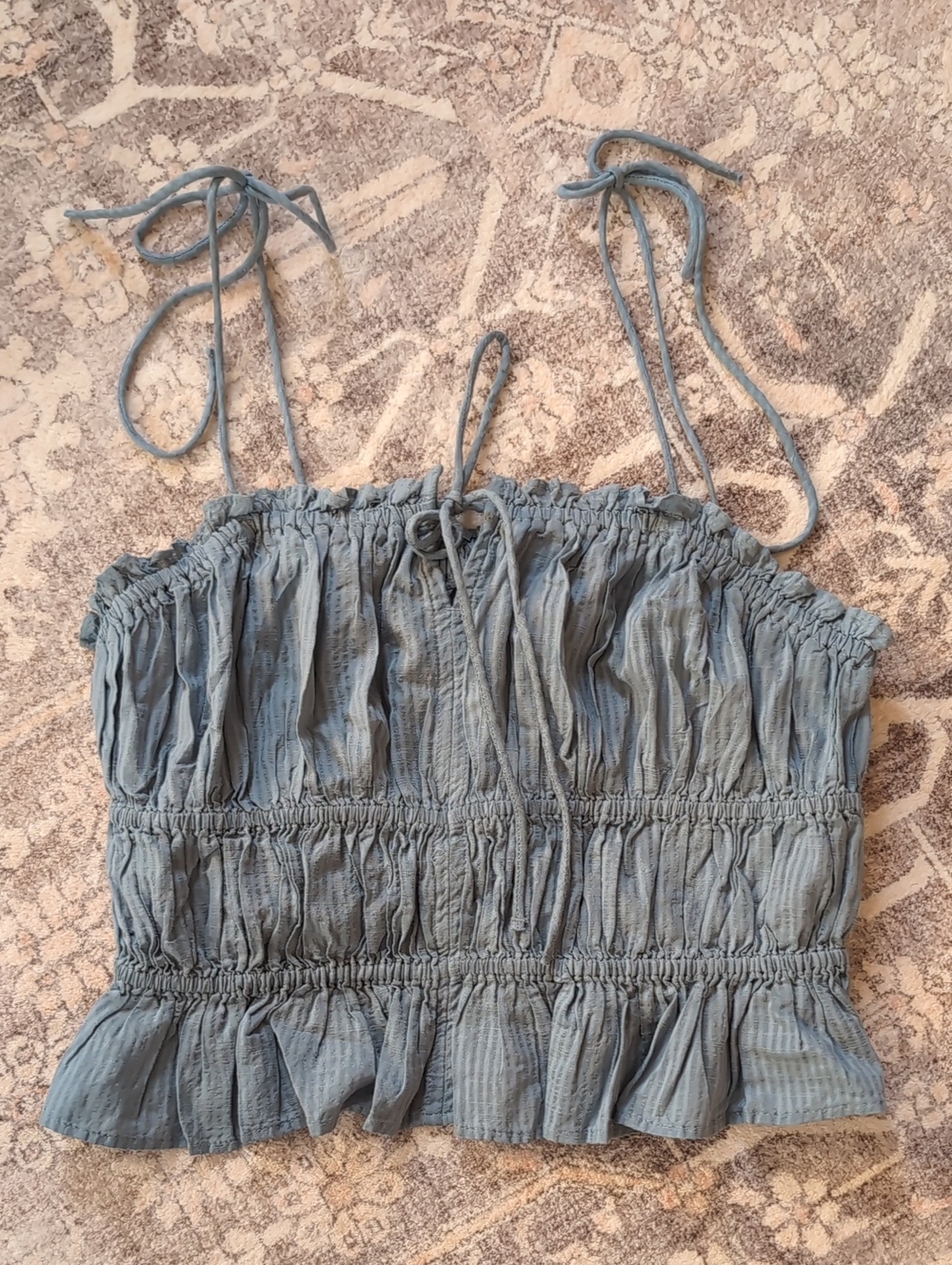 H&M Smocked Tie-Shoulder Cropped Tank Top - Dusty Blue